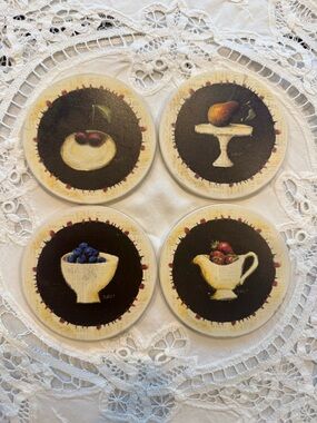 Set of 4 Fruit Illustration Round Ceramic Coasters cork backs  signed Emily 4”